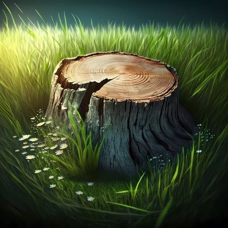 Stump in the grass with daisies. 3d renderの素材