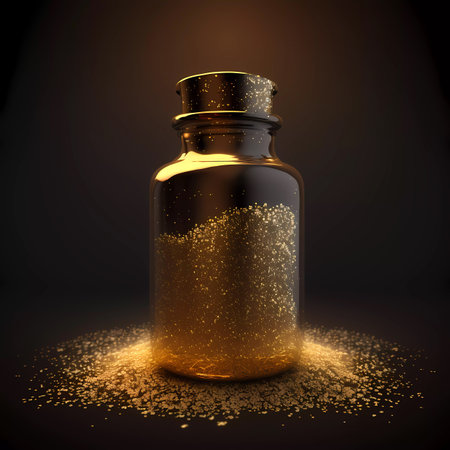Golden magic potion bottle with golden dust particles on dark background. Vector illustrationの素材