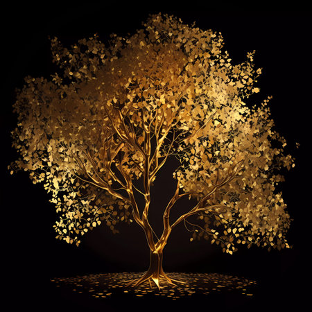 Autumn tree with golden leaves on black background. Vector illustration.の素材
