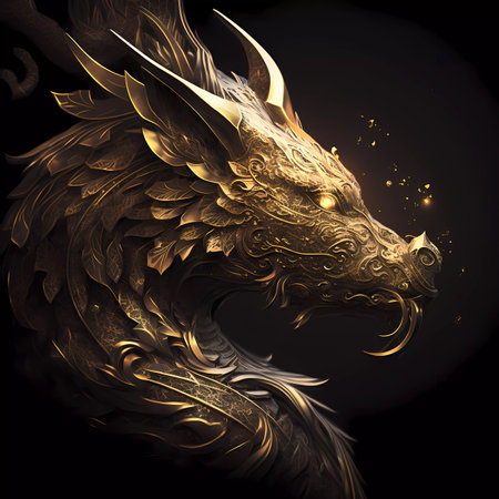 Dragon head with golden ornament on black background. Computer generated graphics.の素材