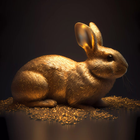 Golden rabbit on a black background. 3D rendering, 3D illustration.の素材