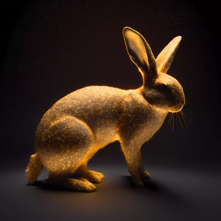 Golden hare on a dark background. 3d render illustration.の素材