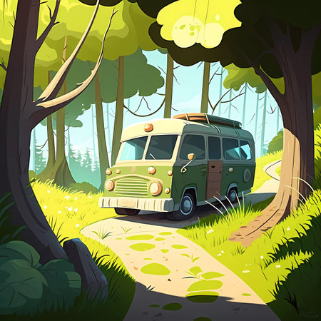 Cartoon camper van in the green forest. Vector illustration.の素材