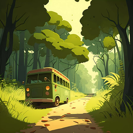 Vintage school bus in the forest. Vector illustration. EPS10の素材