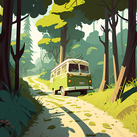 Vintage bus on the road in the forest. Vector illustration.の素材