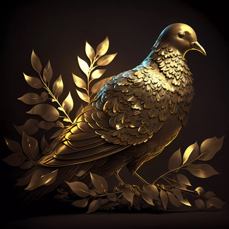Pigeon with golden leaves on a black background. 3d renderの素材