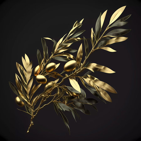 Olive branch with golden olives on black background. 3d illustrationの素材