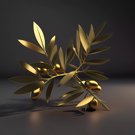 Olive branch with olives on a dark background. 3d renderingの素材