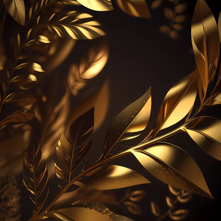 3d illustration, golden leaves on a black background, floral backgroundの素材
