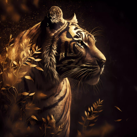 Tiger in a dark forest. Digital painting of a tiger.の素材
