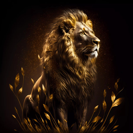 Lion with golden leaves on black background, 3d illustration.の素材