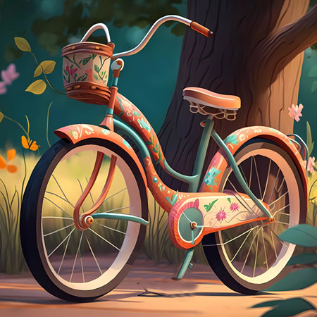 Bicycle in the forest. Vector illustration of a cartoon style.の素材