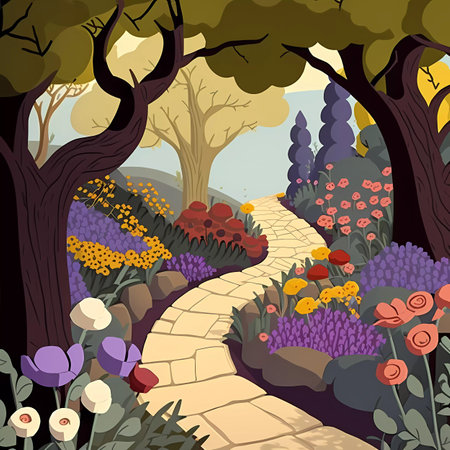 Vector illustration of a path in the park with flowers and trees.の素材