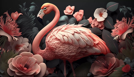 3d rendering of a flamingo surrounded by flowers on a black backgroundの素材