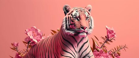 Siberian tiger with flowers on pink background. 3d illustrationの素材