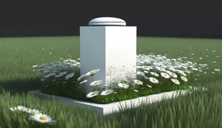 3d rendering of a grave in the grass with daisiesの素材