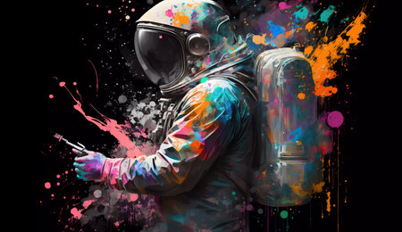 Astronaut with colorful paint splashes on a black background.の素材