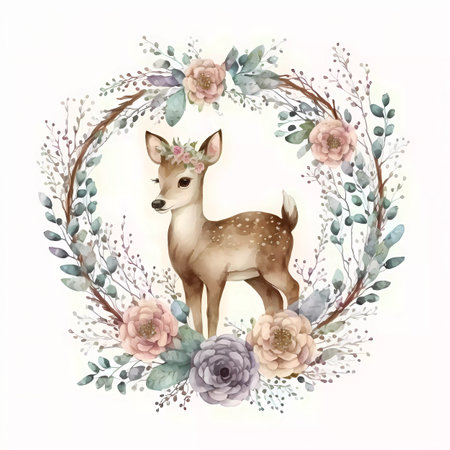 Watercolor illustration of a cute deer in a wreath of flowersの素材