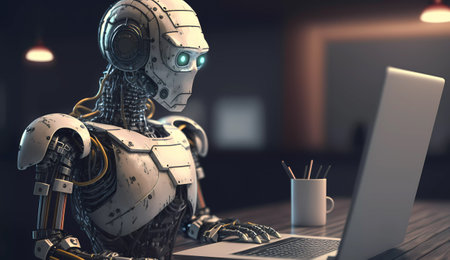 Robot working on a laptop. 3d rendering toned imageの素材