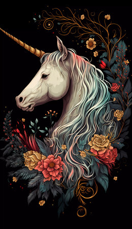 Unicorn with long mane and flowers on black background. Vector illustrationの素材