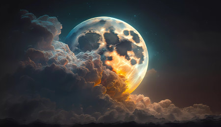 Fantasy night sky with full moon and clouds. 3D renderingの素材