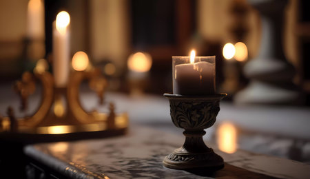 Candlelight in a candlestick on the altar in the churchの素材