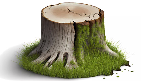 Tree stump with green grass isolated on white background. 3d renderの素材