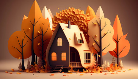 Autumn landscape with house and falling leaves. 3D illustration.の素材