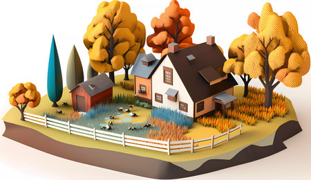 Autumn rural landscape with houses, trees and field. 3d renderの素材