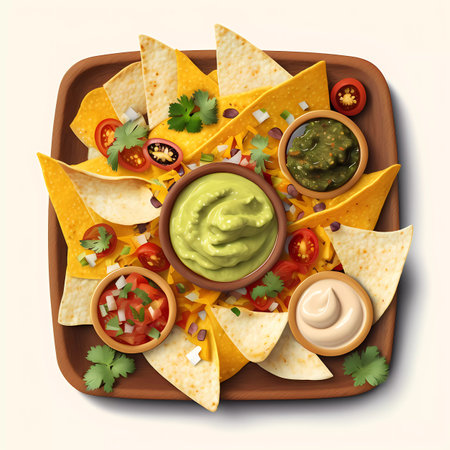 Mexican nachos with guacamole and salsa, top viewの素材