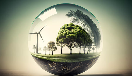 Ecology concept in glass ball with tree and wind turbine. 3D renderingの素材