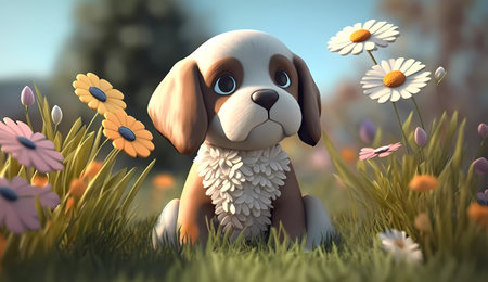 cartoon scene with dog in the meadow - illustration for childrenの素材