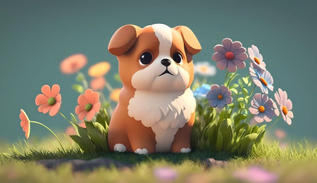 Cute cartoon dog sitting in the grass with flowers. 3d renderingの素材