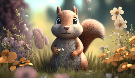 Squirrel in the forest. 3D illustration. Cartoon style.の素材