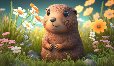 Cute cartoon groundhog in the meadow with flowers. 3d renderingの素材