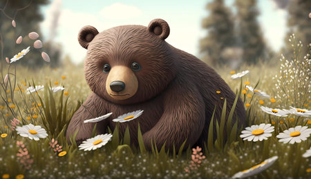 3D rendering of a brown bear sitting in the grass surrounded by flowersの素材