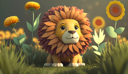 Lion in the meadow with sunflowers, 3d renderの素材