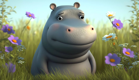 hippo in the meadow with flowers - 3d illustrationの素材