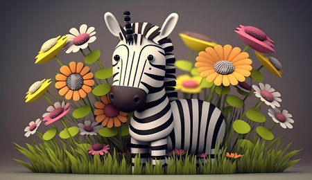 Zebra in the garden with flowers. 3d illustration. Cartoon style.の素材