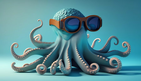 Octopus in sunglasses on blue background. 3d render illustration.の素材