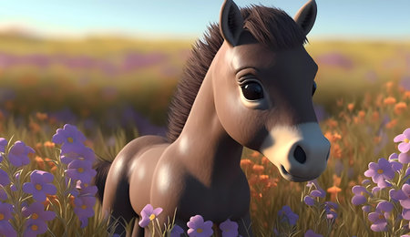 Horse in the meadow with flowers. 3D render.の素材