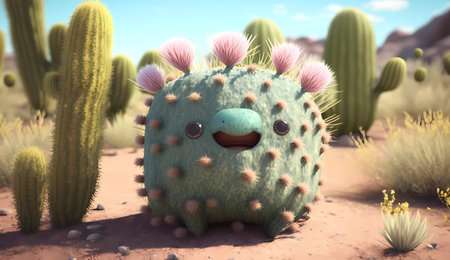 Cactus monster in the desert. 3d render concept illustration.の素材