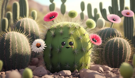 Cactus with flowers in desert. 3d rendering, 3d illustration.の素材