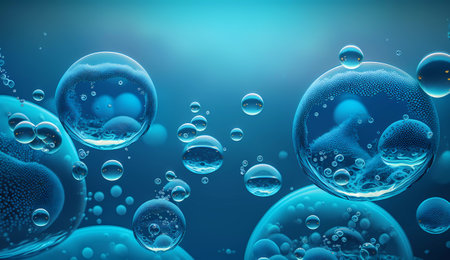 Bubbles in water on blue background. 3D illustration.の素材