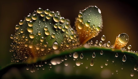 Water drops on a green leaf. Abstract background with dew drops.の素材