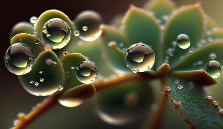 Water drops on succulent plant with dew drops close-upの素材