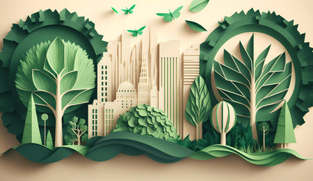 Ecology concept in paper cut style. Paper art city and trees. Vector illustration.の素材