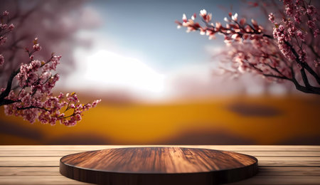 Wooden product stand with cherry blossoms on the background. 3d renderingの素材