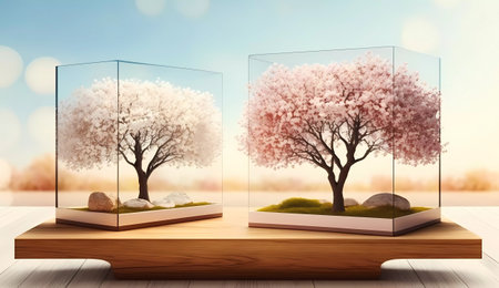 Cherry blossoms in glass vase on wooden table. 3D renderingの素材