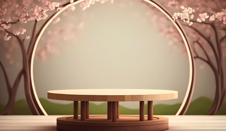 Wooden podium on the background of cherry blossoms. 3D renderingの素材